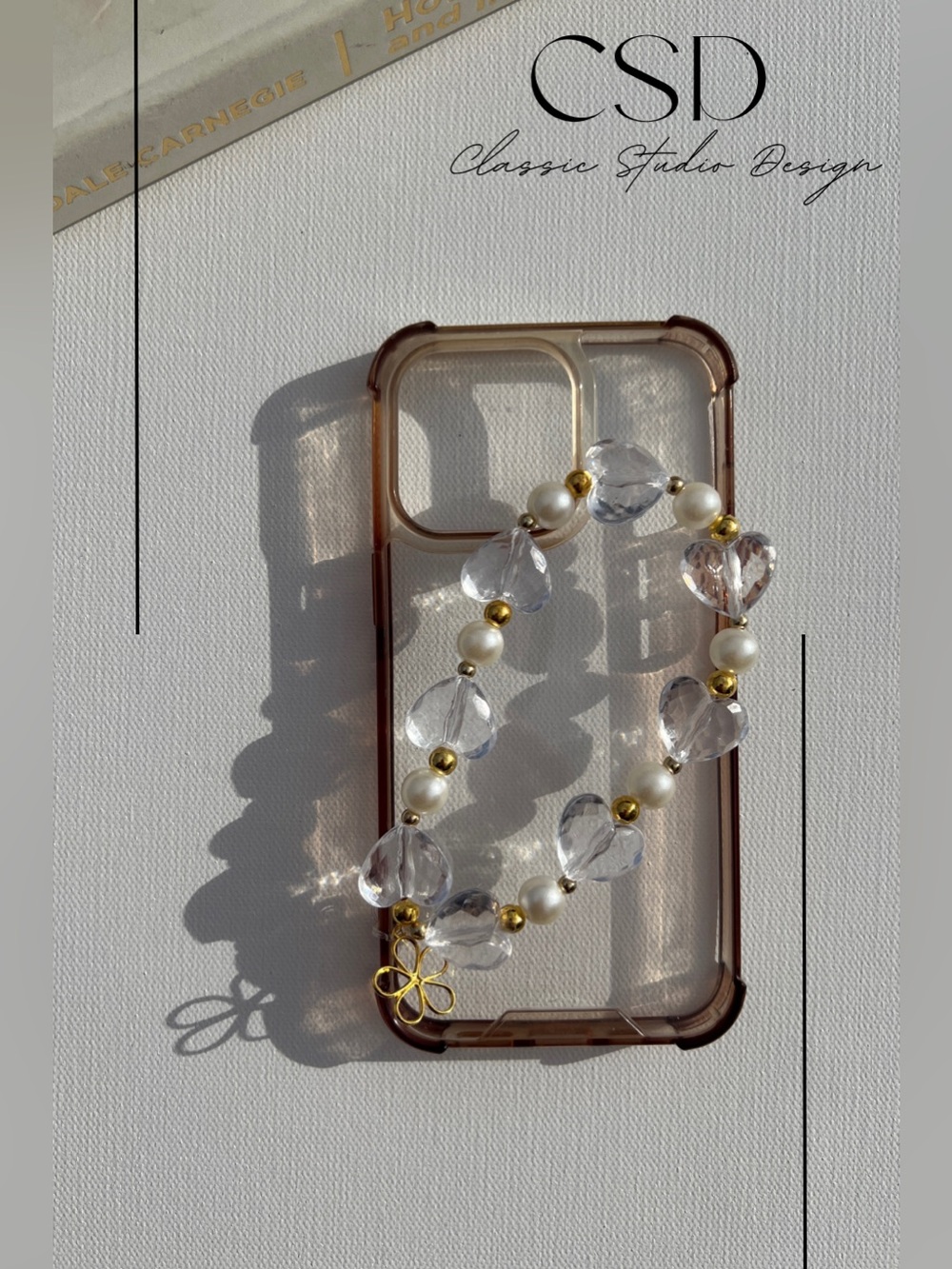 Elegant Gold, White, and Clear Heart Pearl Phone Charm